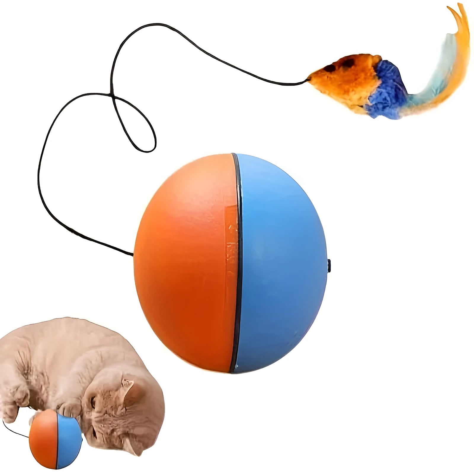 Interactive cat toy with ball and plush mouse in grey or orange, dimensions 8.5cm