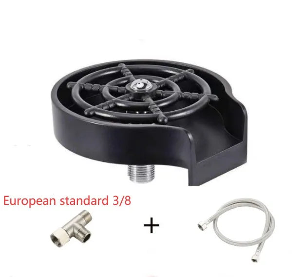 Black automatic stainless steel glass washer with ABS base and copper hose on a countertop.