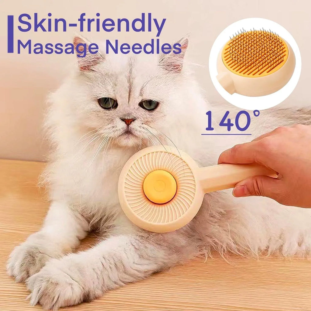 Blue pet grooming brush with metal angled needles and a self-cleaning button on the plastic handle.