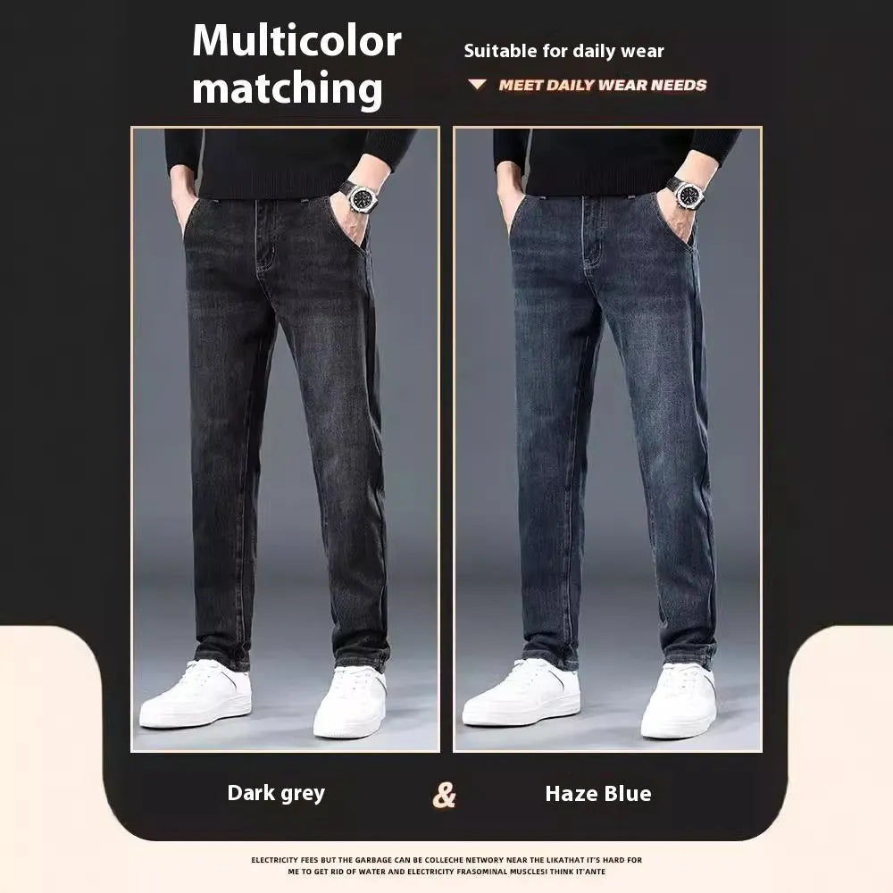 Men's slim straight casual trousers in micro-elastic polyester fabric, mid-waist design with zip fly