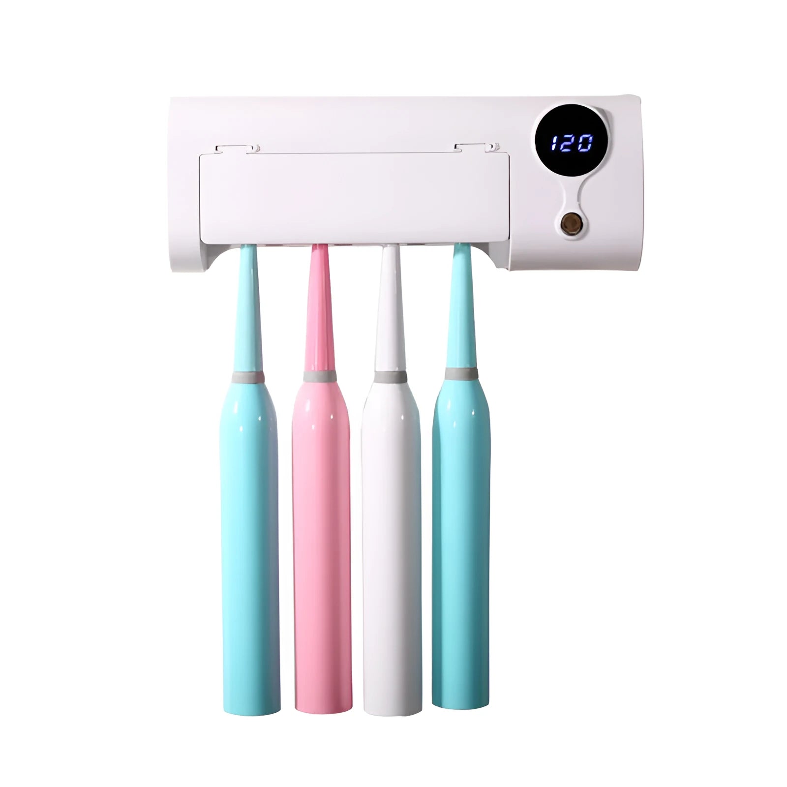 White smart wall-mounted toothbrush steriliser holder with UV light and USB charging port.