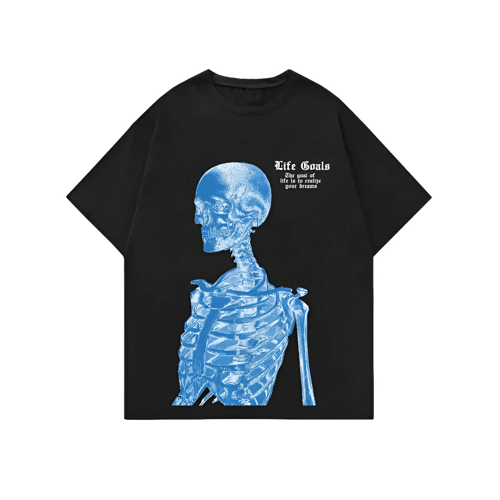 Men's printed short-sleeve street sports t-shirt on a hanger, showing a digital print pattern.
