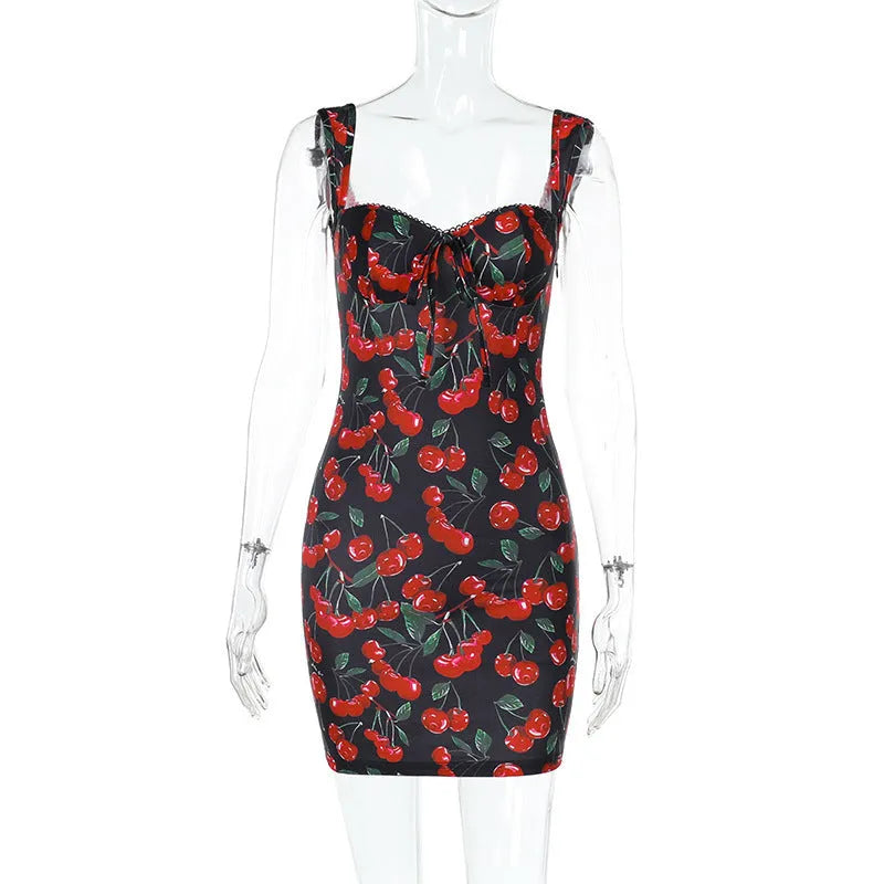 Red strapless high waist short dress with lace-up front and cute print on a model