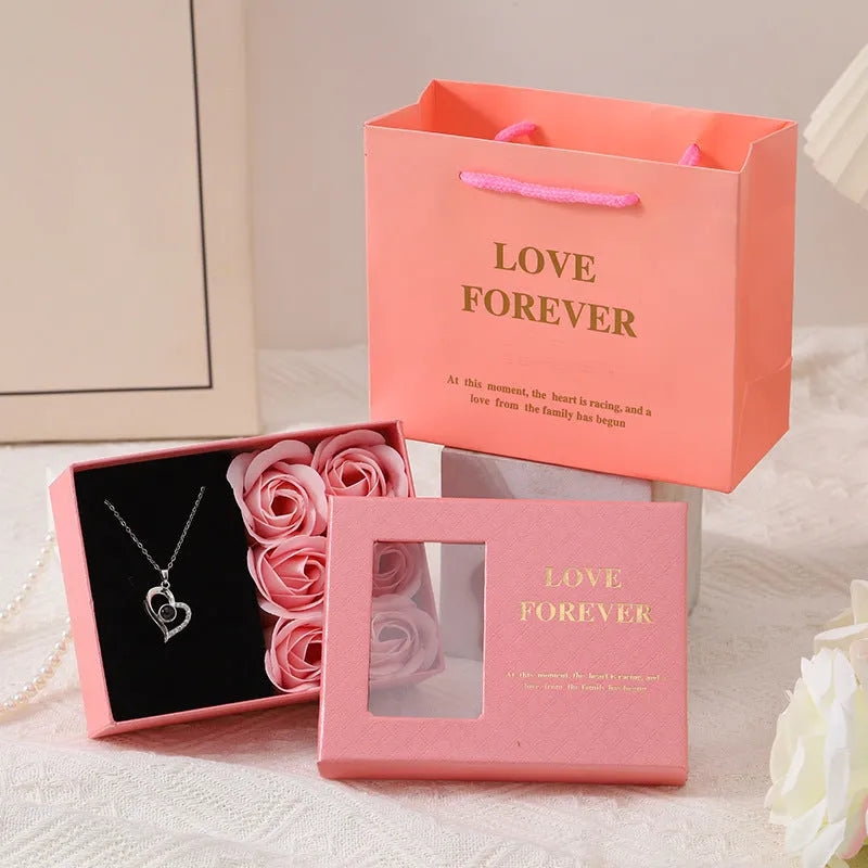 Korean style soap flower gift box set with six roses, presentation handbag, in red, pink, or black.