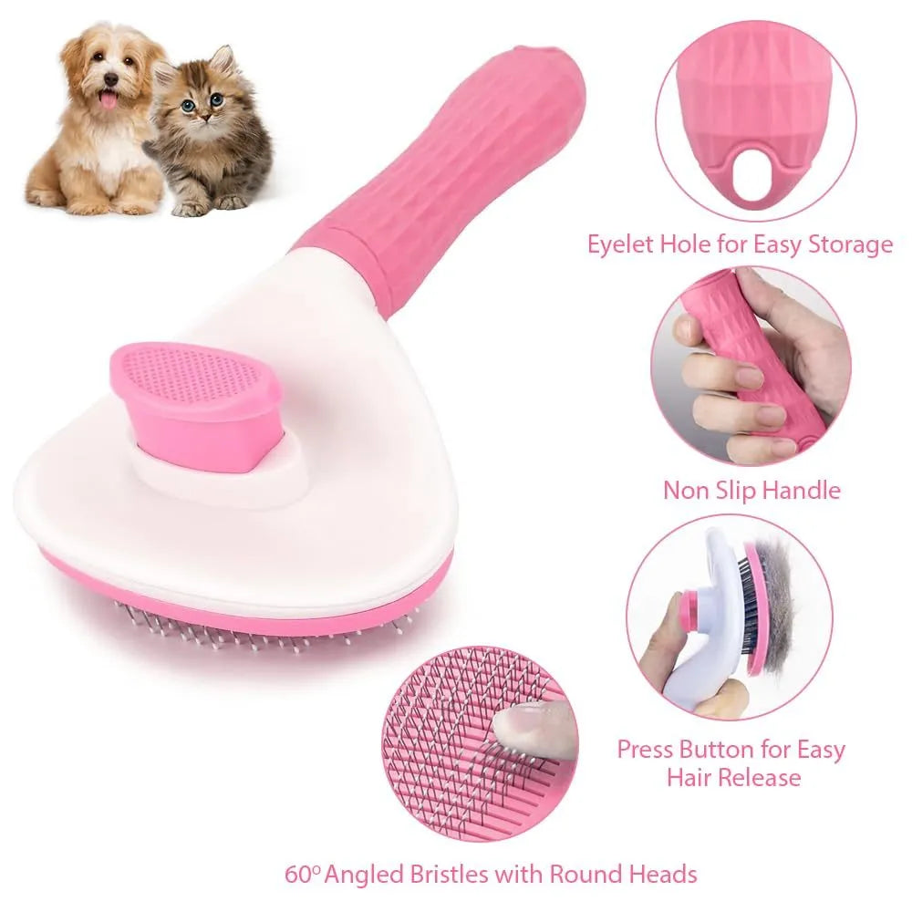 Cat grooming brush with release button in blue, grey, or pink colours for removing loose fur and tangles