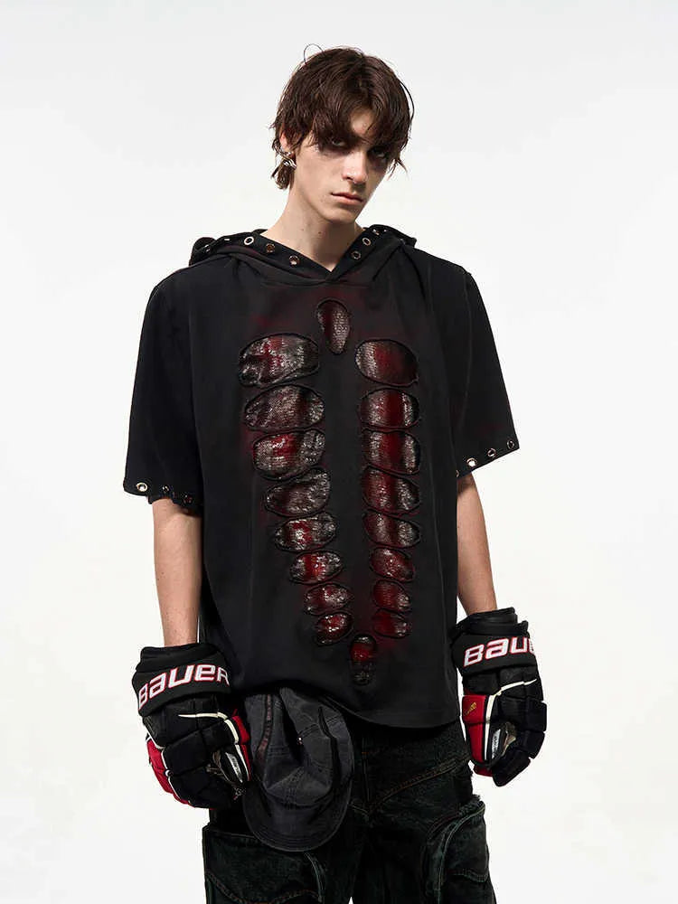 Black men's hooded short-sleeved T-shirt with sequin details and a loose fit.