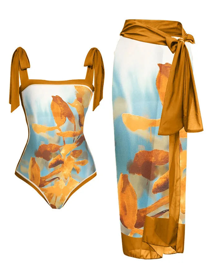 Women's floral print chiffon swimsuit with attached skirt in two-piece design