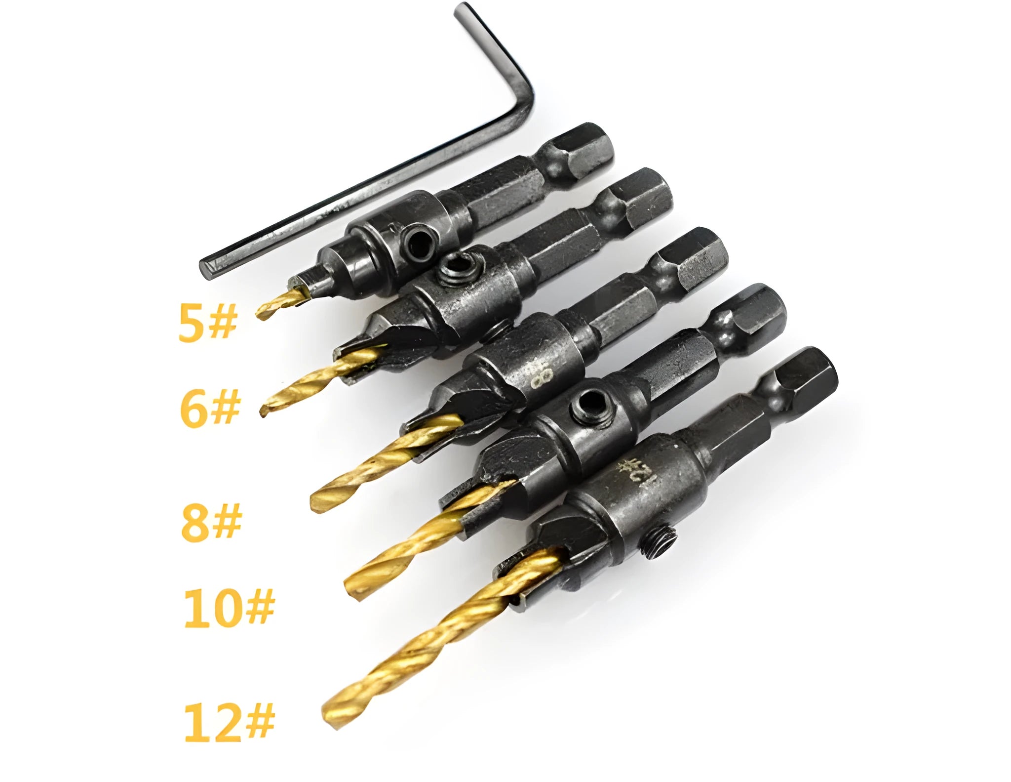 5-piece titanium-plated hexagon shank woodworking countersink drill set with sizes 5 6 8 10 12 mm and small wrench