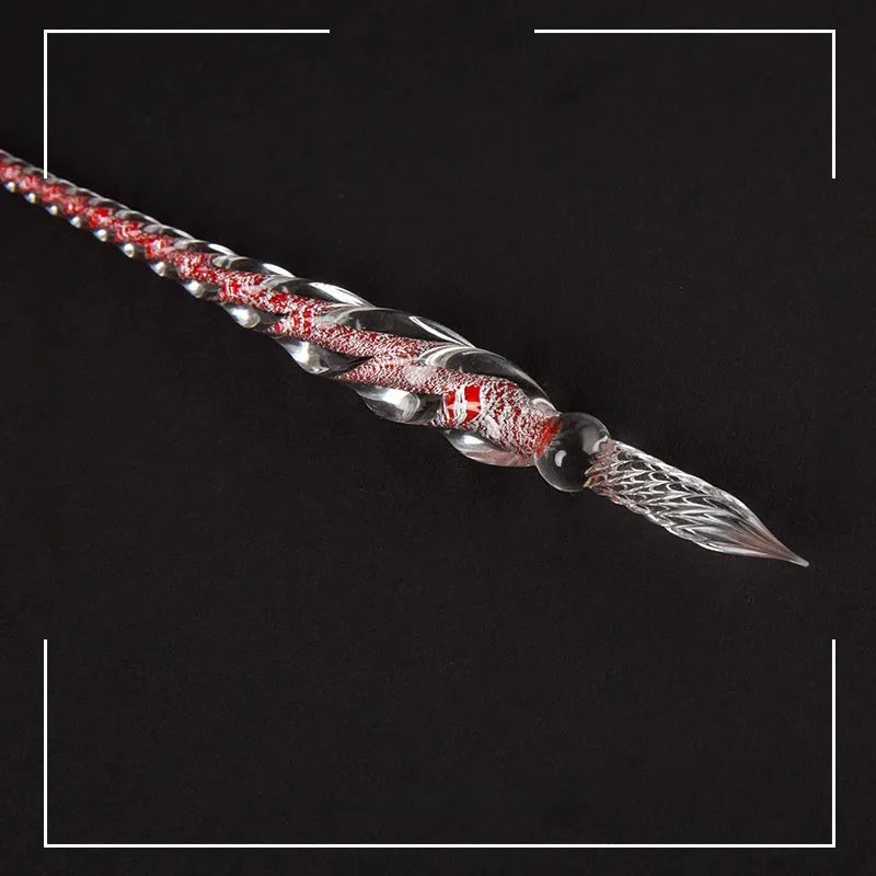 Transparent hand-blown glass crystal pen with coloured ink art effect in choice of 13 colours.