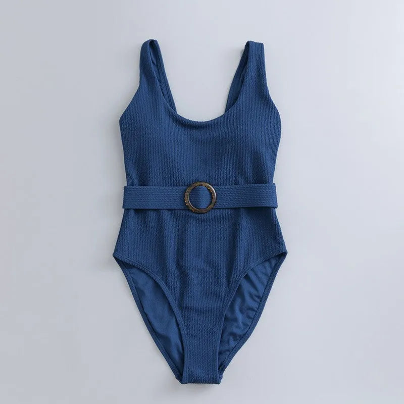 Navy blue women's one-piece slimming triangle swimsuit with a removable chest pad.