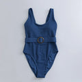 Navy blue women's one-piece slimming triangle swimsuit with a removable chest pad.