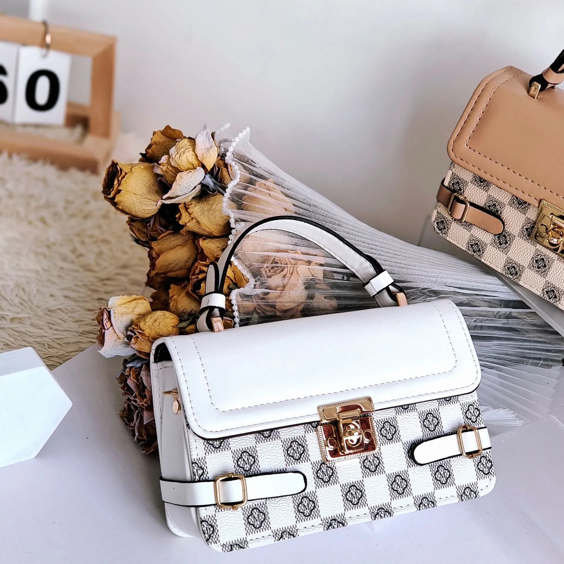 Retro small square ethnic pattern crossbody bag in apricot colour with floral stitching