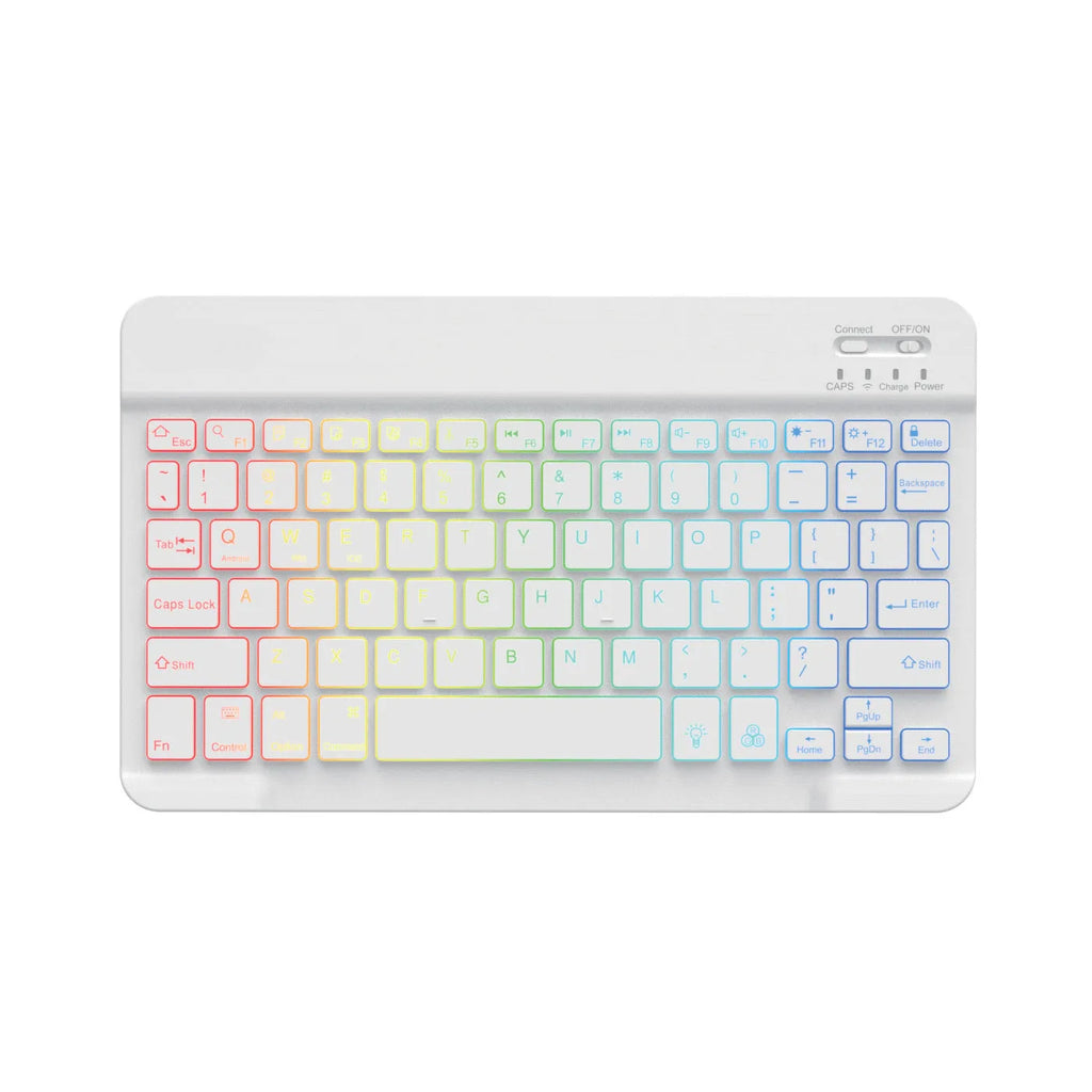 10-inch backlit Bluetooth keyboard for tablets showing eight colour options including black, white, pink, blue, green, purple, yellow, dark green
