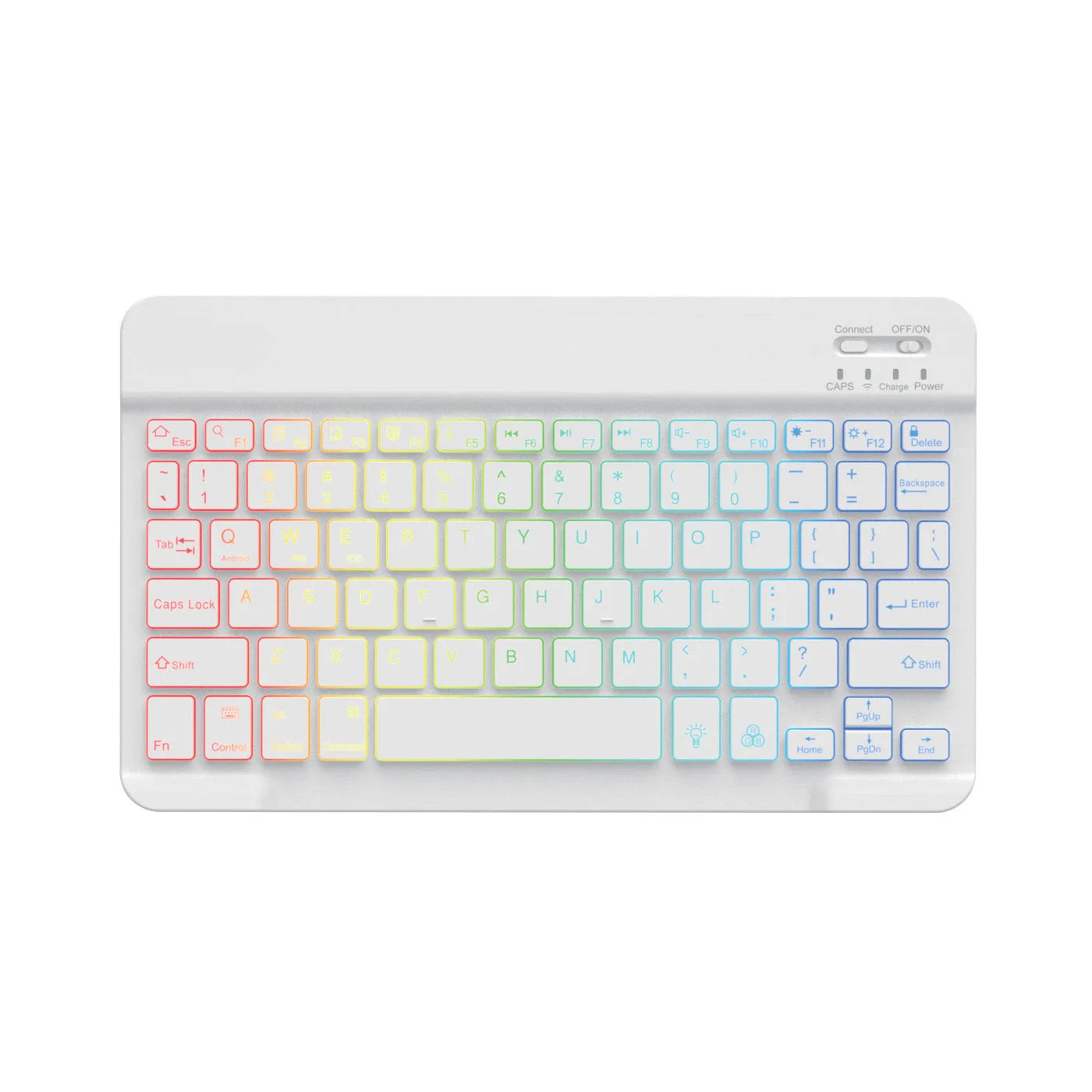 10-inch backlit Bluetooth keyboard for tablets showing eight colour options including black, white, pink, blue, green, purple, yellow, dark green