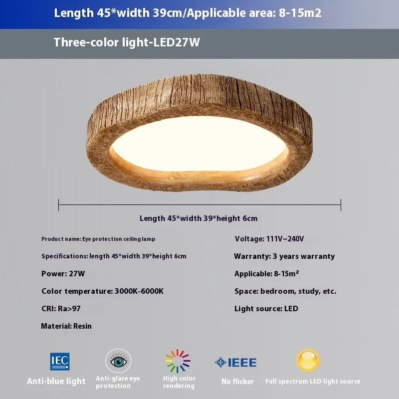 Round wood grain finish ceiling lamp in new Chinese style, shown in three diameter sizes.