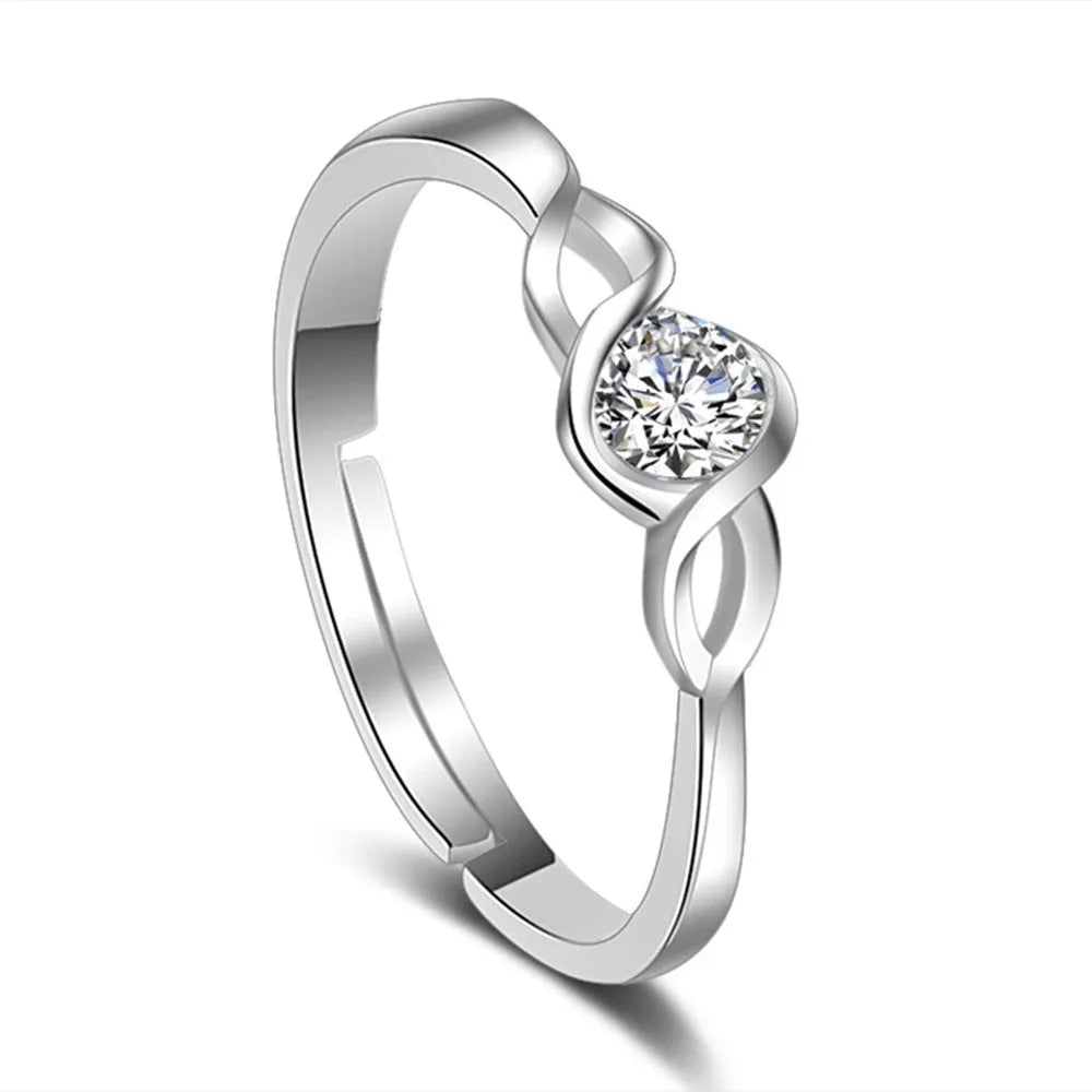 Korean style silver interwoven heart ring with adjustable opening, white diamond finish, copper base
