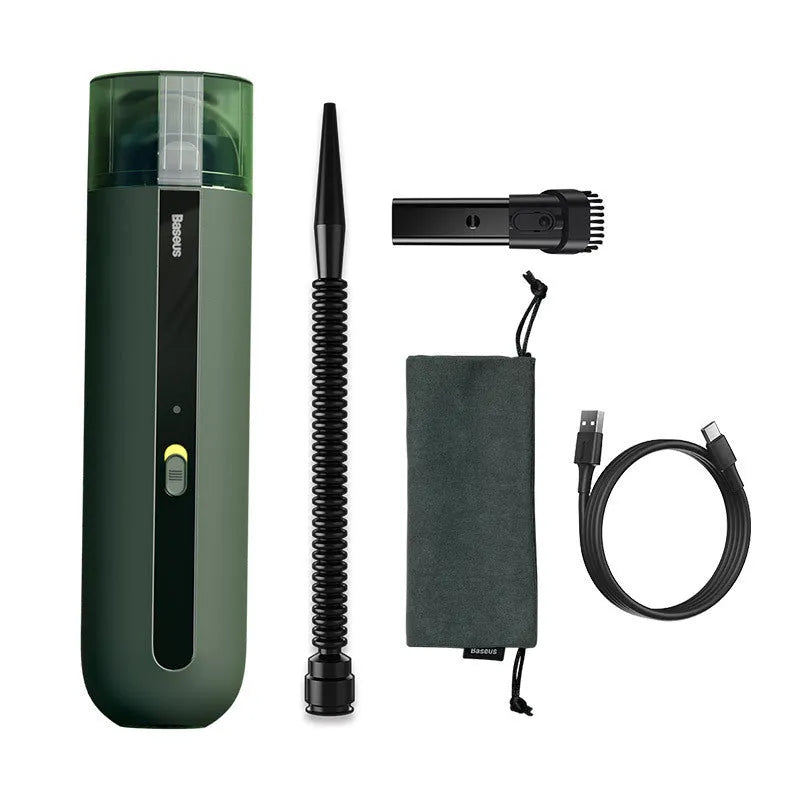 BASEUS wireless handheld car vacuum cleaner in black, white, or green with suction and blowing hose.