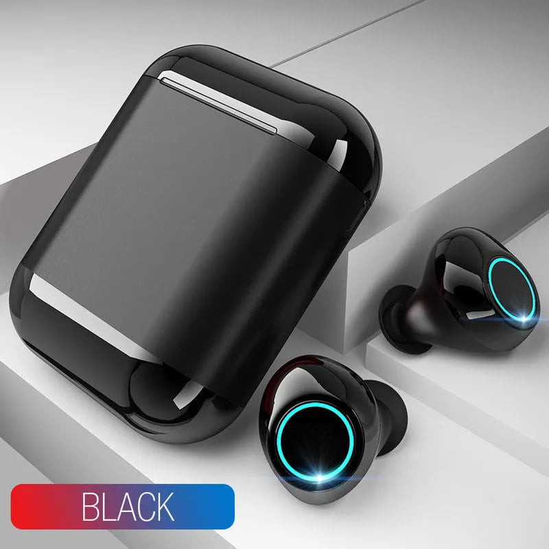 Black Bluetooth TWS wireless earbuds showing left and right independent earbuds