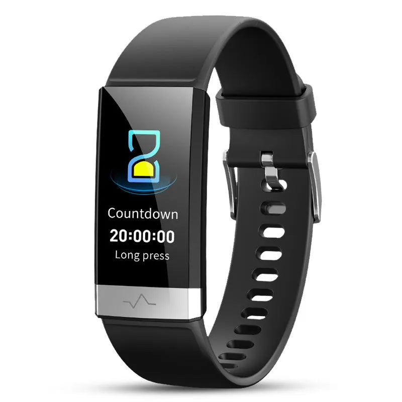 V19 smart health bracelet in black on wrist showing display with ECG, SpO2, and heart rate data.