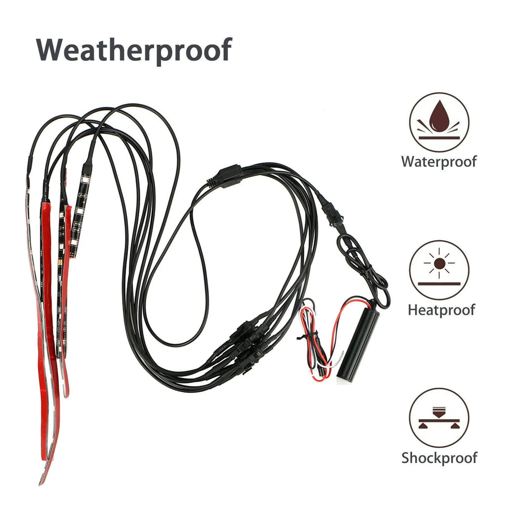 Black silicone RGB LED light bar for cars and motorcycles with wireless remote control receiver.