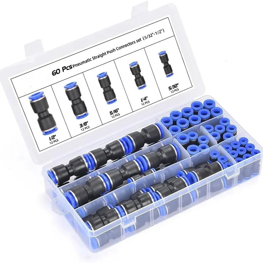 60-piece assortment of grey alloy plastic pneumatic push-in quick connectors with R1/4 and R1/2 inch threads.