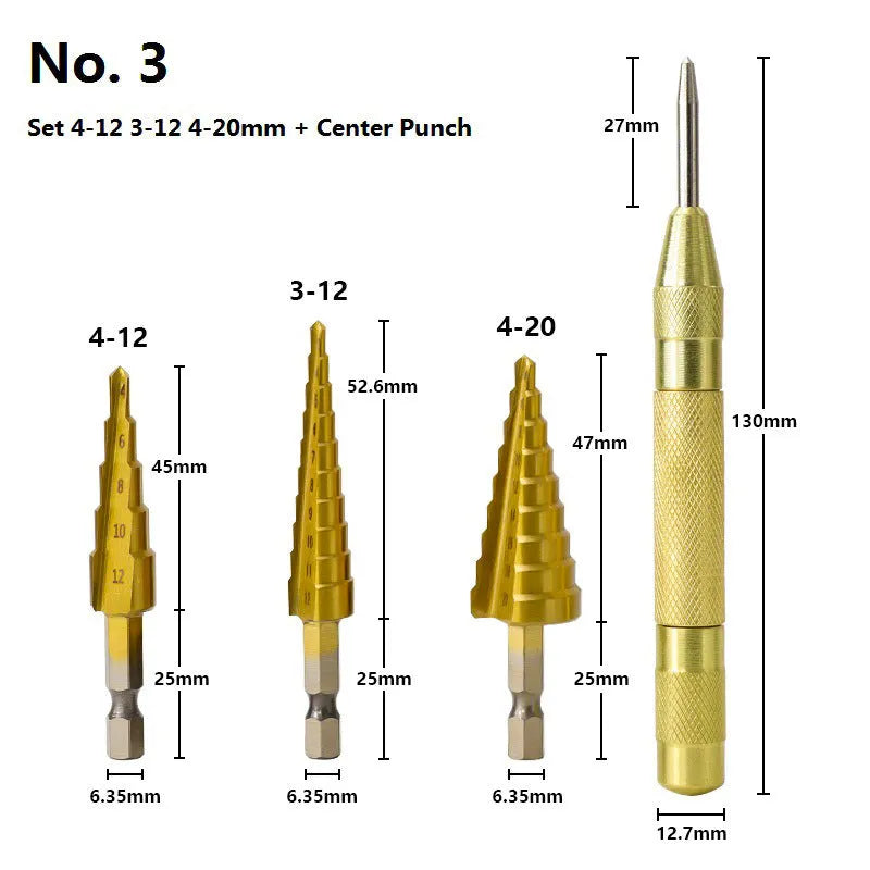 High speed steel step drill bits and centre punch set for metal drilling