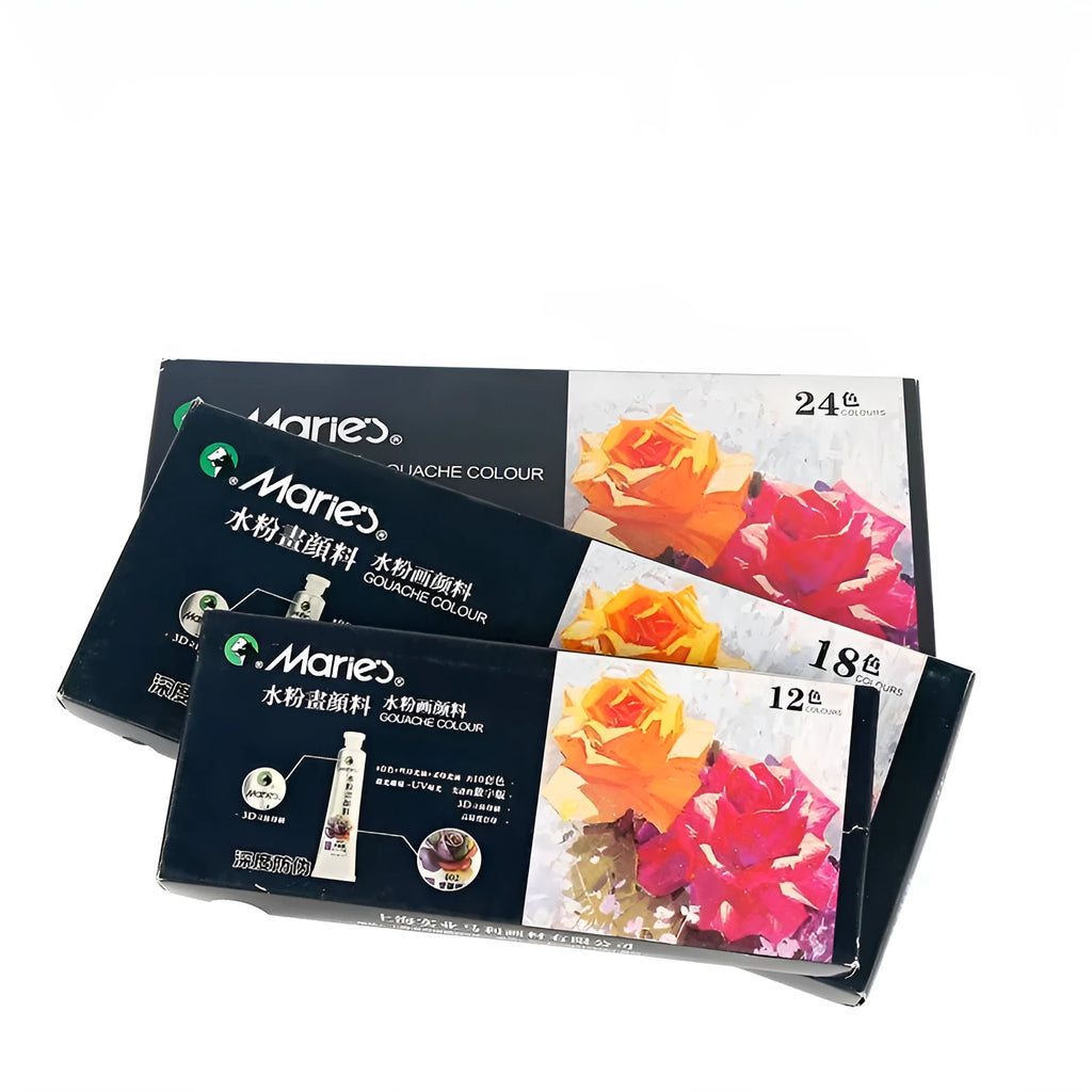 Set of gouache paint tubes in 12, 18, or 24 colours with 5ml or 12ml sizes for artists.
