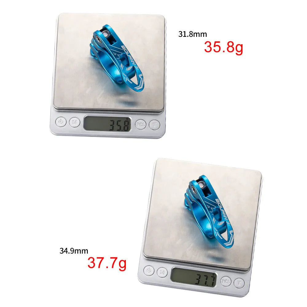 Aluminium mountain bicycle seat post clamp in black, blue, gold, or red colour options