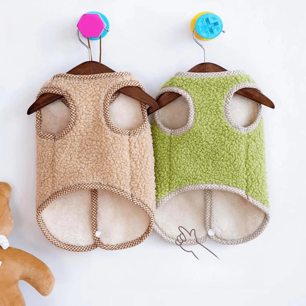 Green coral fleece dog vest with a D-ring leash attachment on a small dog.