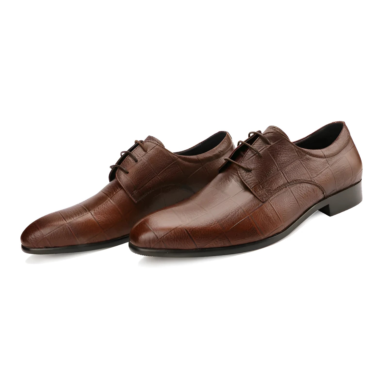 Men's black leather derby shoes with pointed toe and sewing details on antiskid rubber sole