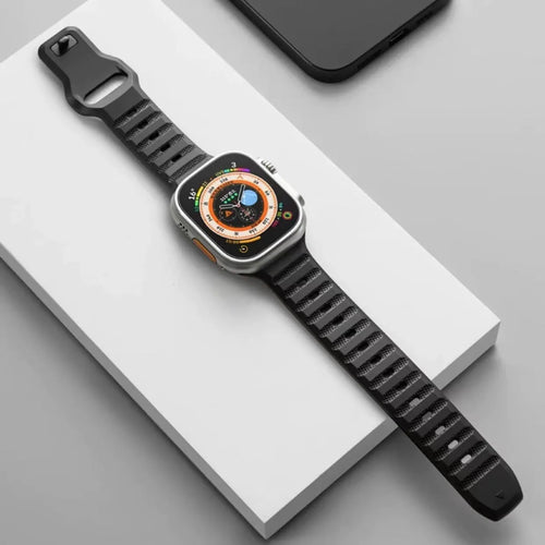 Fluoro rubber Apple Watch replacement band in multiple colours with T buckle closure.