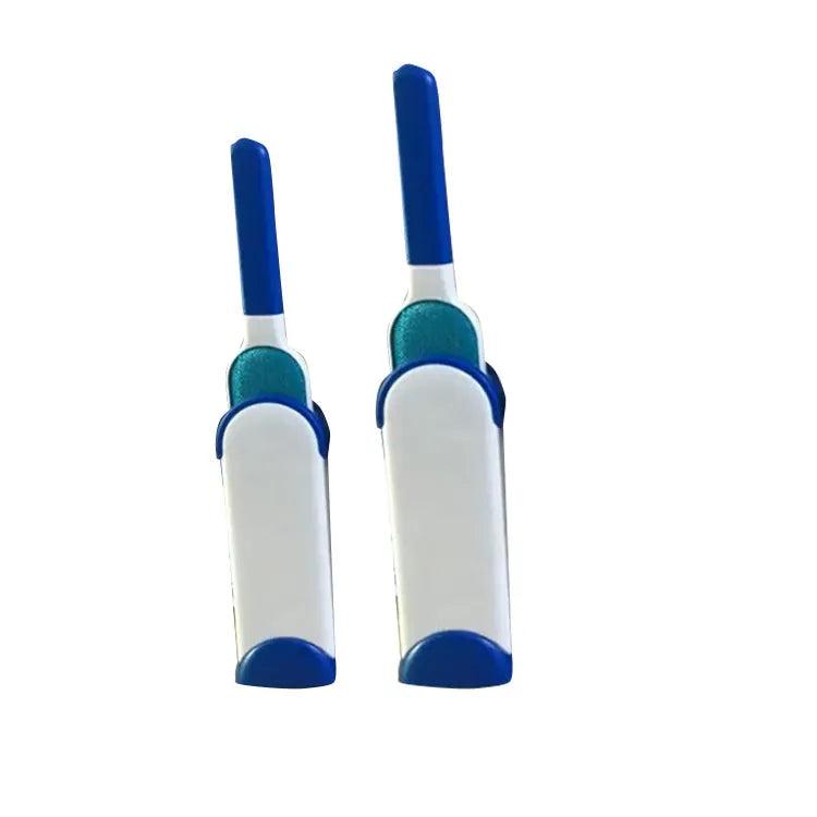 Blue reusable pet hair removal comb with double-sided flannel brush and self-cleaning base for sofas.
