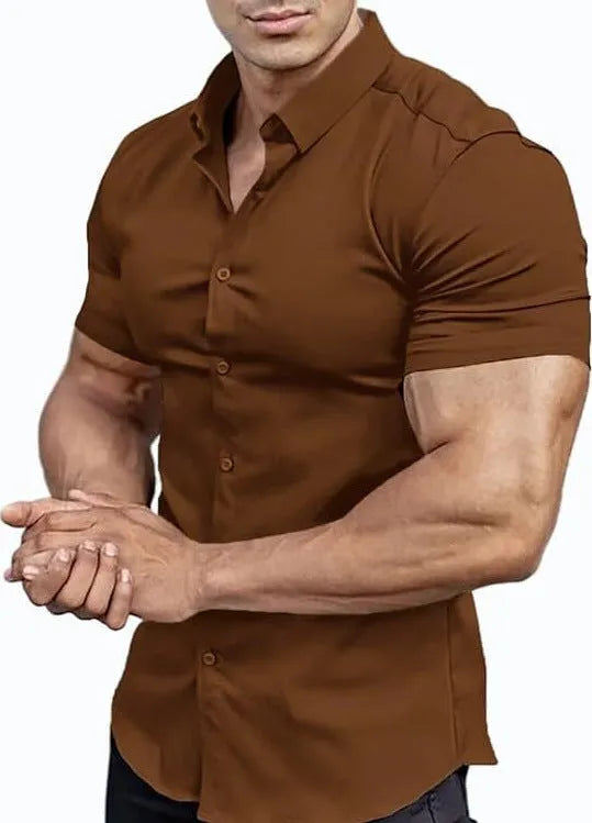 Men's brown short sleeve casual cardigan shirt with a collar.