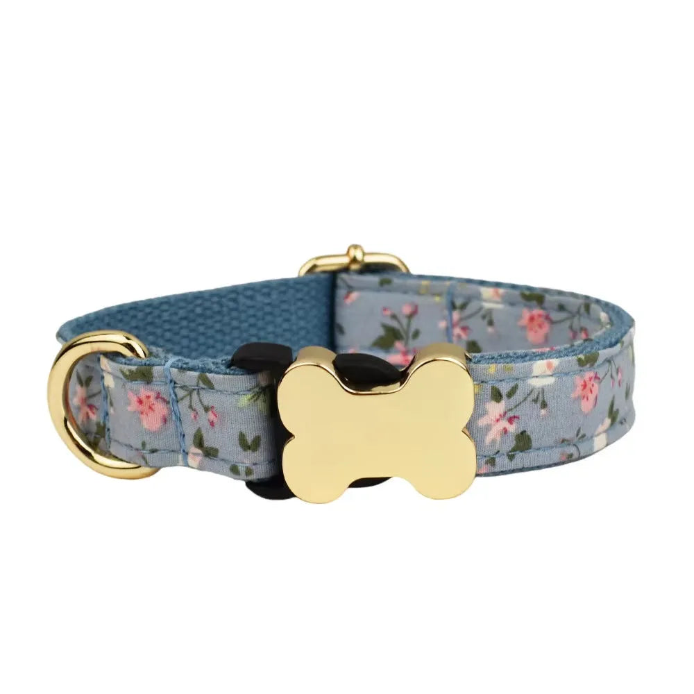 Flat nylon dog collar with printed grid pattern and plastic bone buckle in multiple colour options