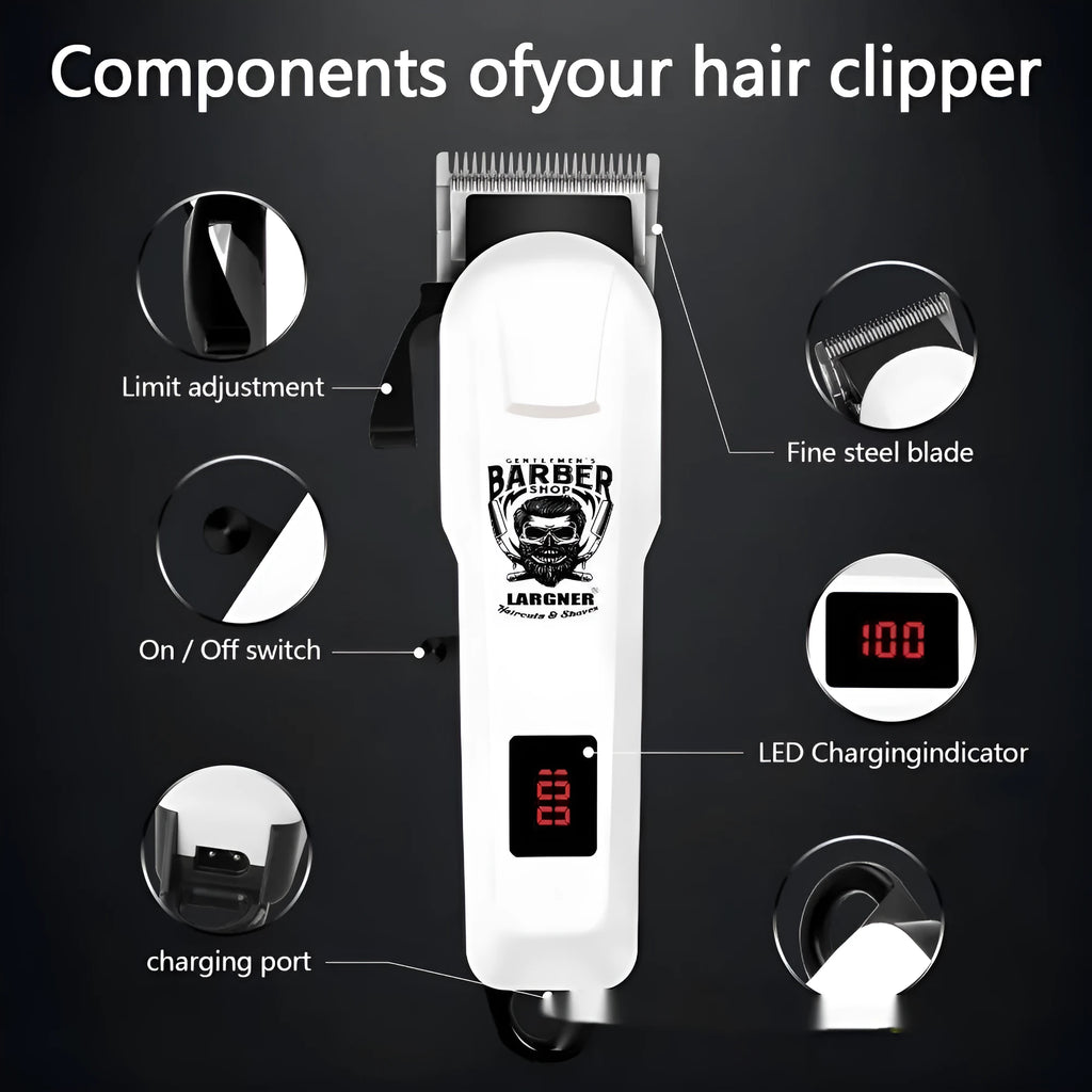 Rechargeable hair clipper with stainless steel cutter head and plastic guards on white background