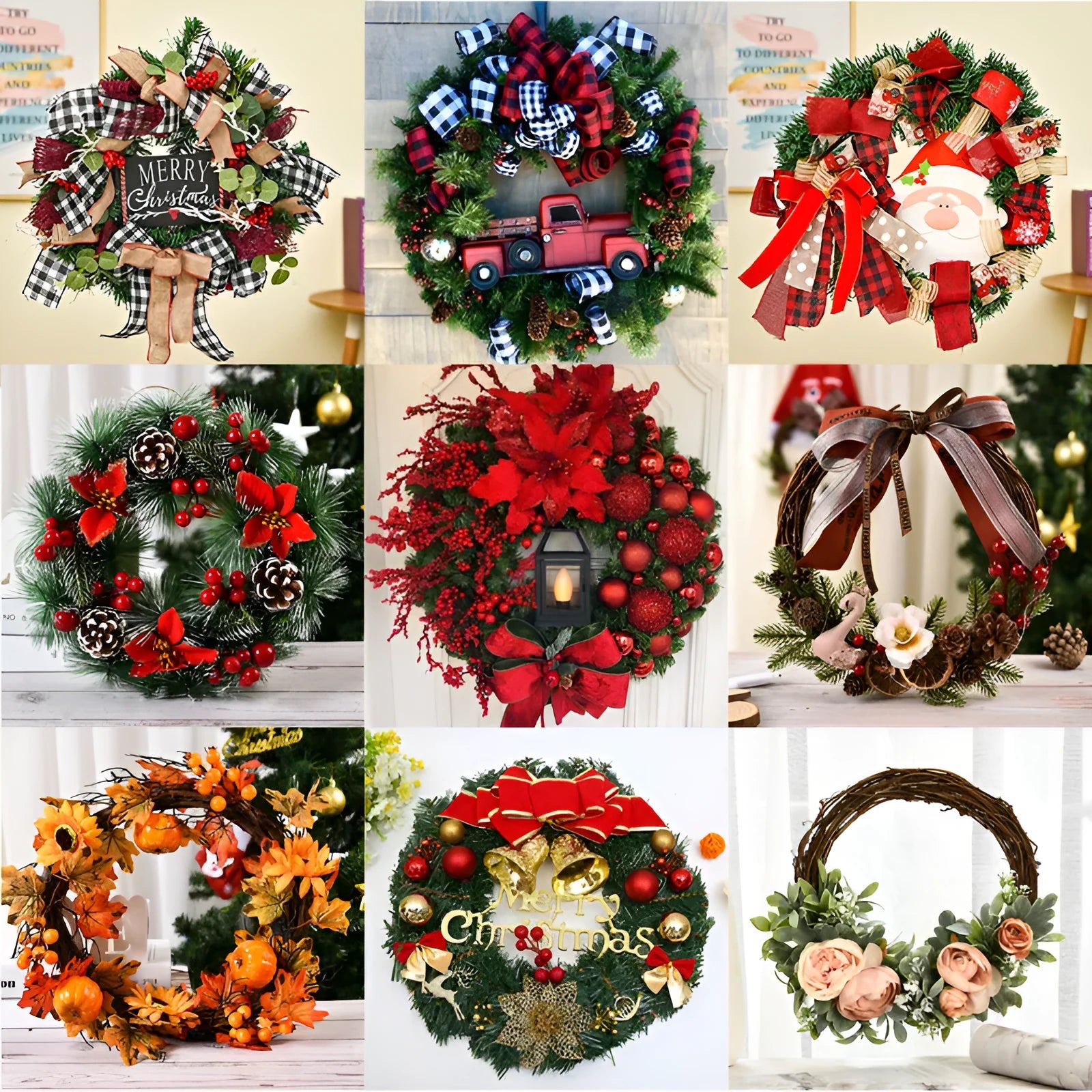 30cm wooden Christmas garland wreath with red bowknot design on window