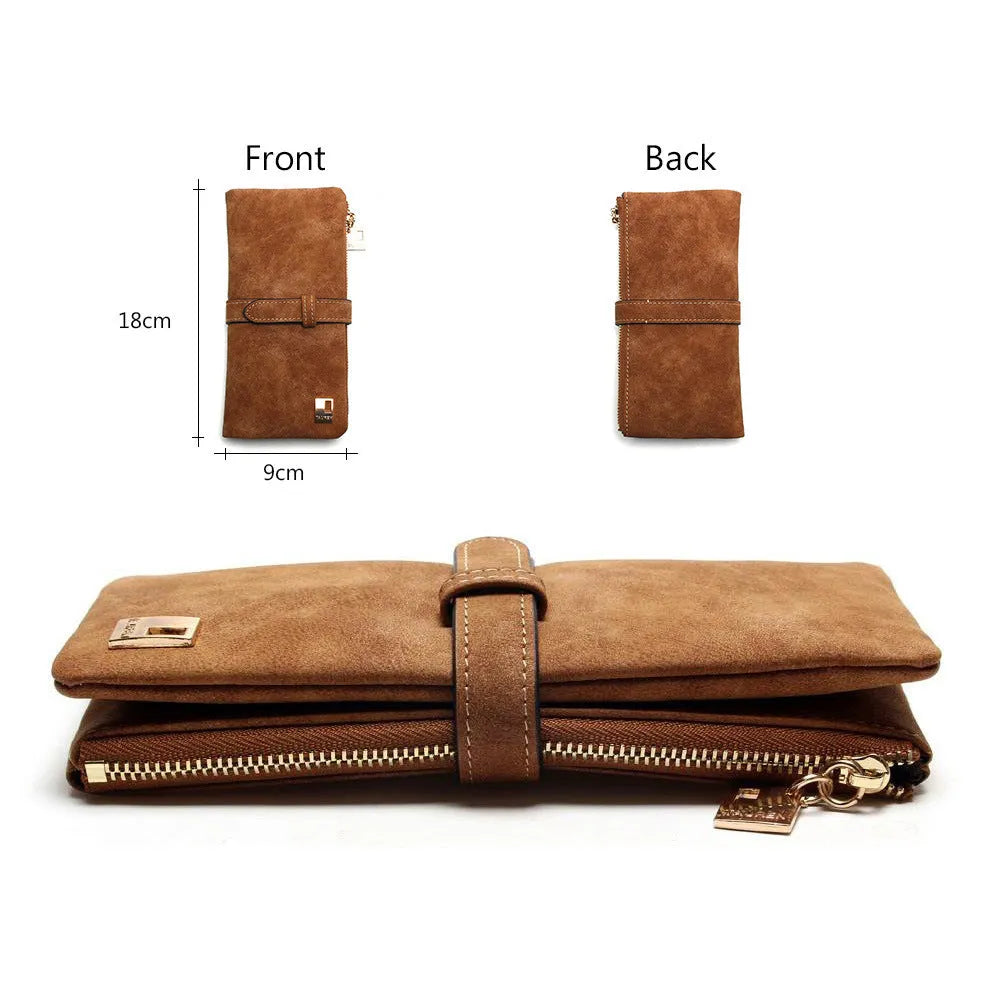 Korean retro matte Pu leather long wallet open showing card slots, note compartment and zip pocket