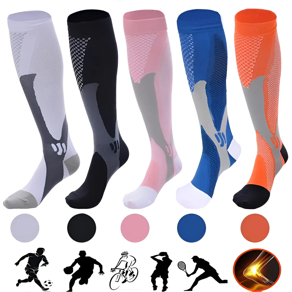 A pair of graduated compression socks in an athletic style, shown in a colour option like black or blue, laid flat to display their length and cuff.
