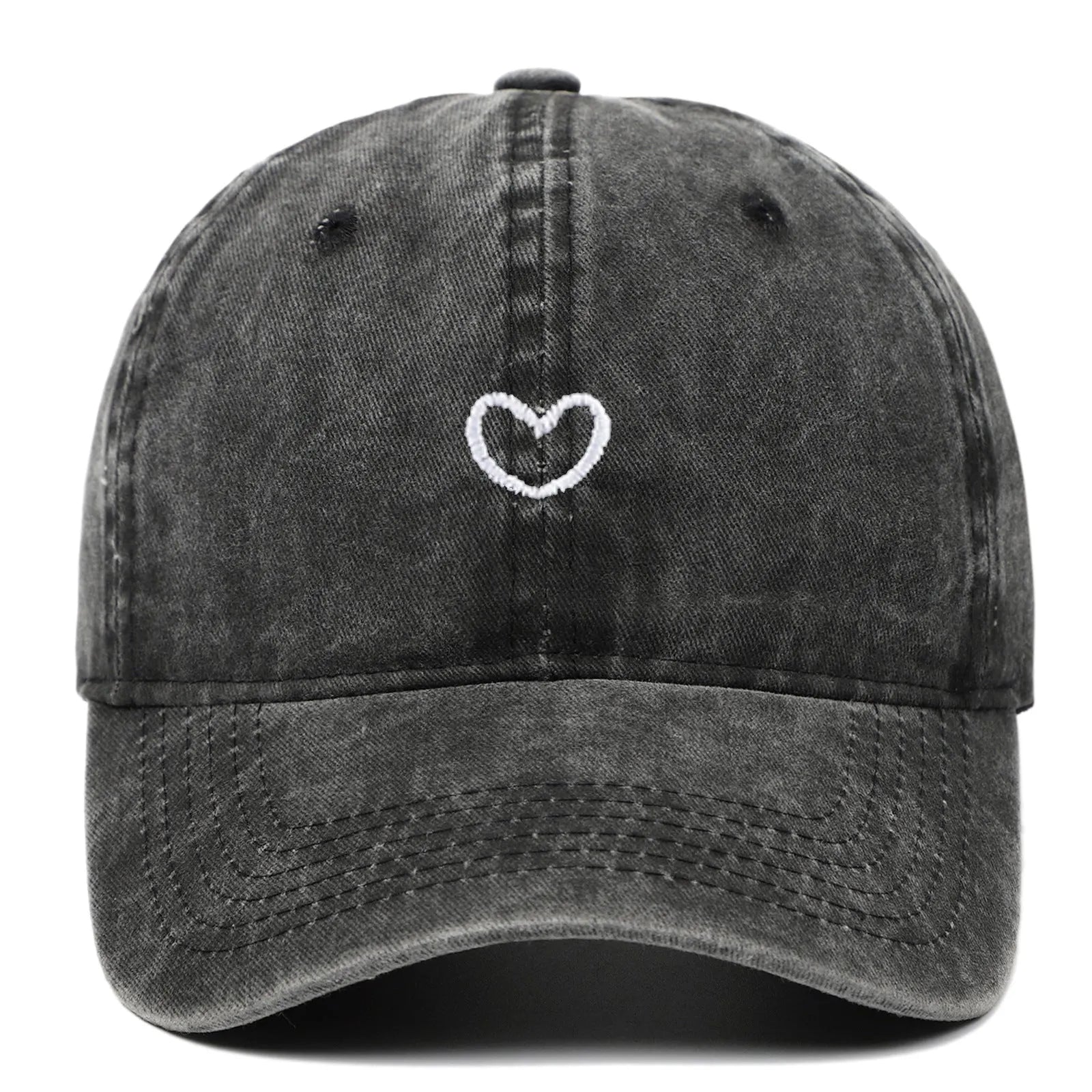 Soft cotton baseball cap with an embroidered red love heart on the front, shown in adjustable size.