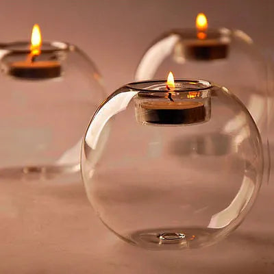 Handmade Europe style round hollow glass candle holder with spherical design