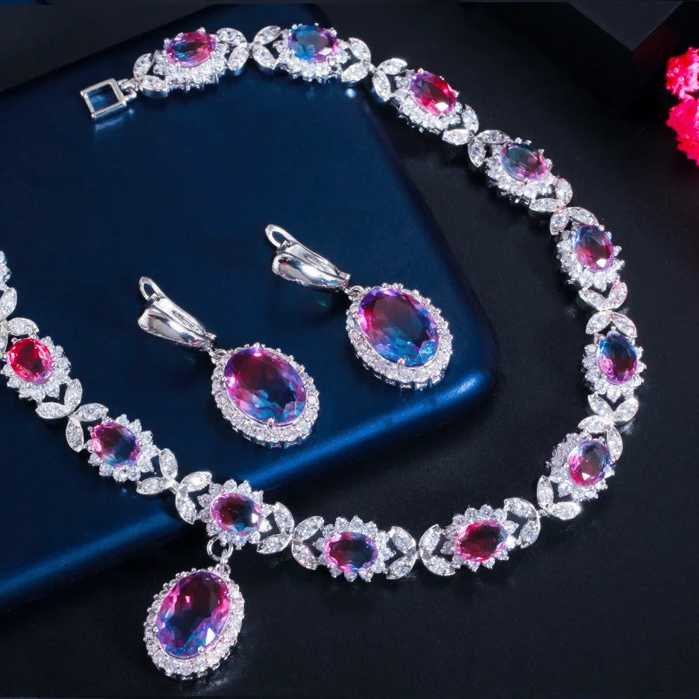 Women's copper inlaid zircon earrings and necklace set with gradient stones
