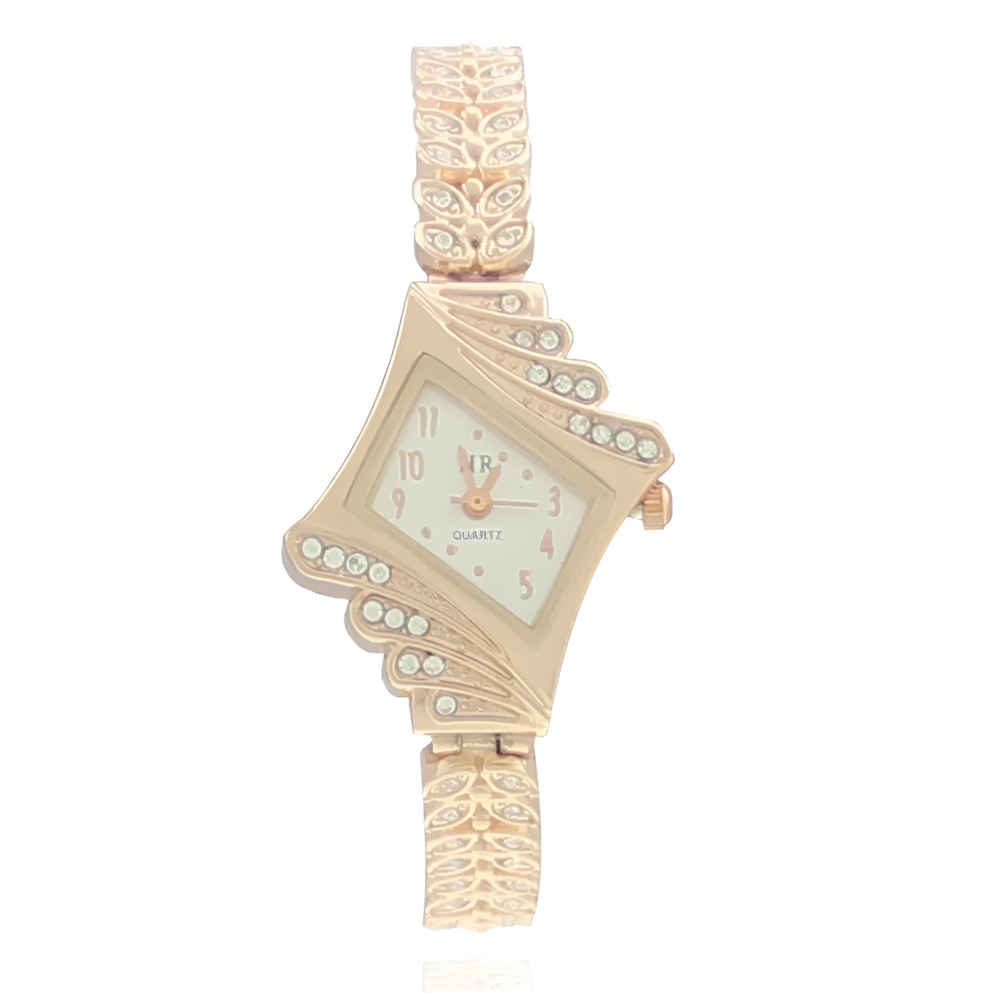 Stone paved wheat shaped metal wristwatch for women in rose golden colour with 2.5cm dial and 19cm band