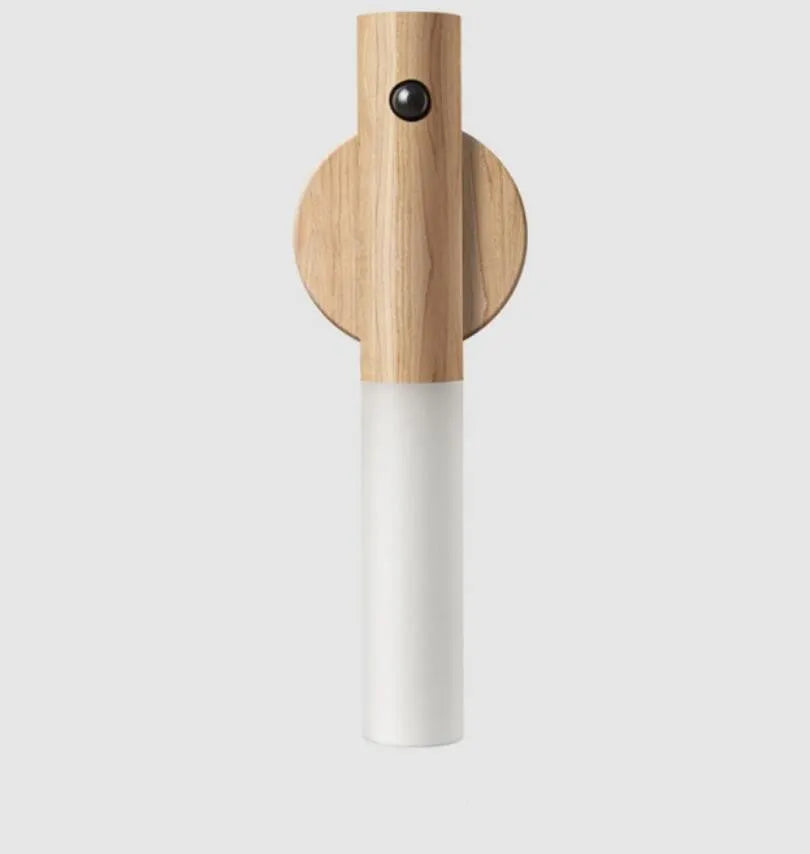 Compact smart sensor LED desk lamp made of solid wood and organic glass in coffee colour.