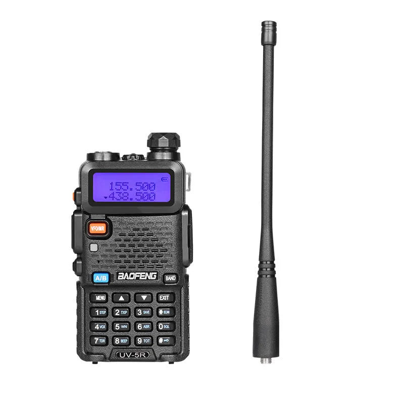 Dual-band walkie talkie with 128 channels and compact 110x58x32 mm dimensions