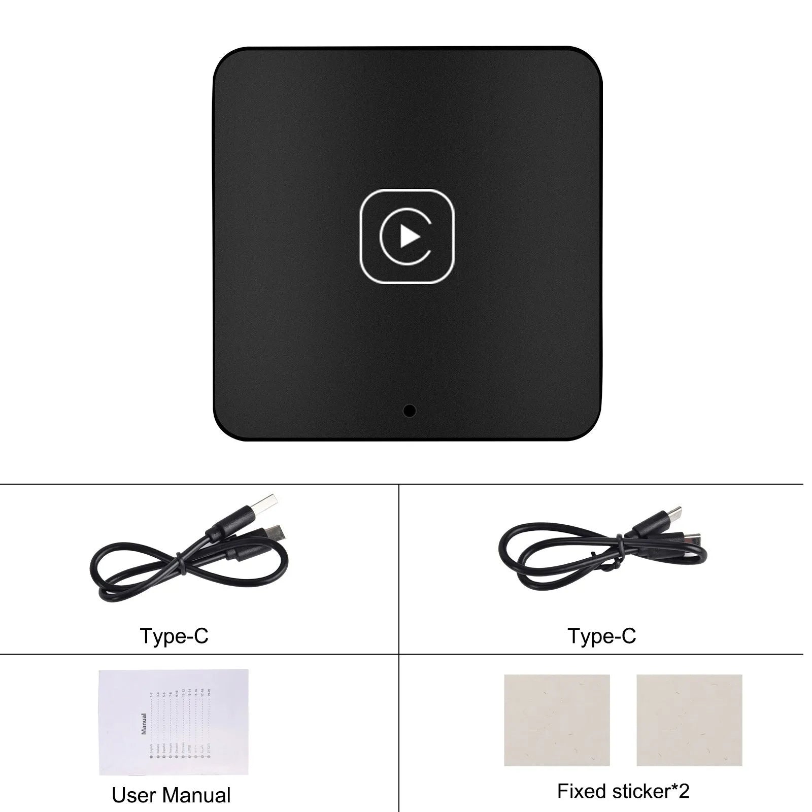 Black wireless CarPlay adapter module with cables for converting wired CarPlay to wireless connectivity