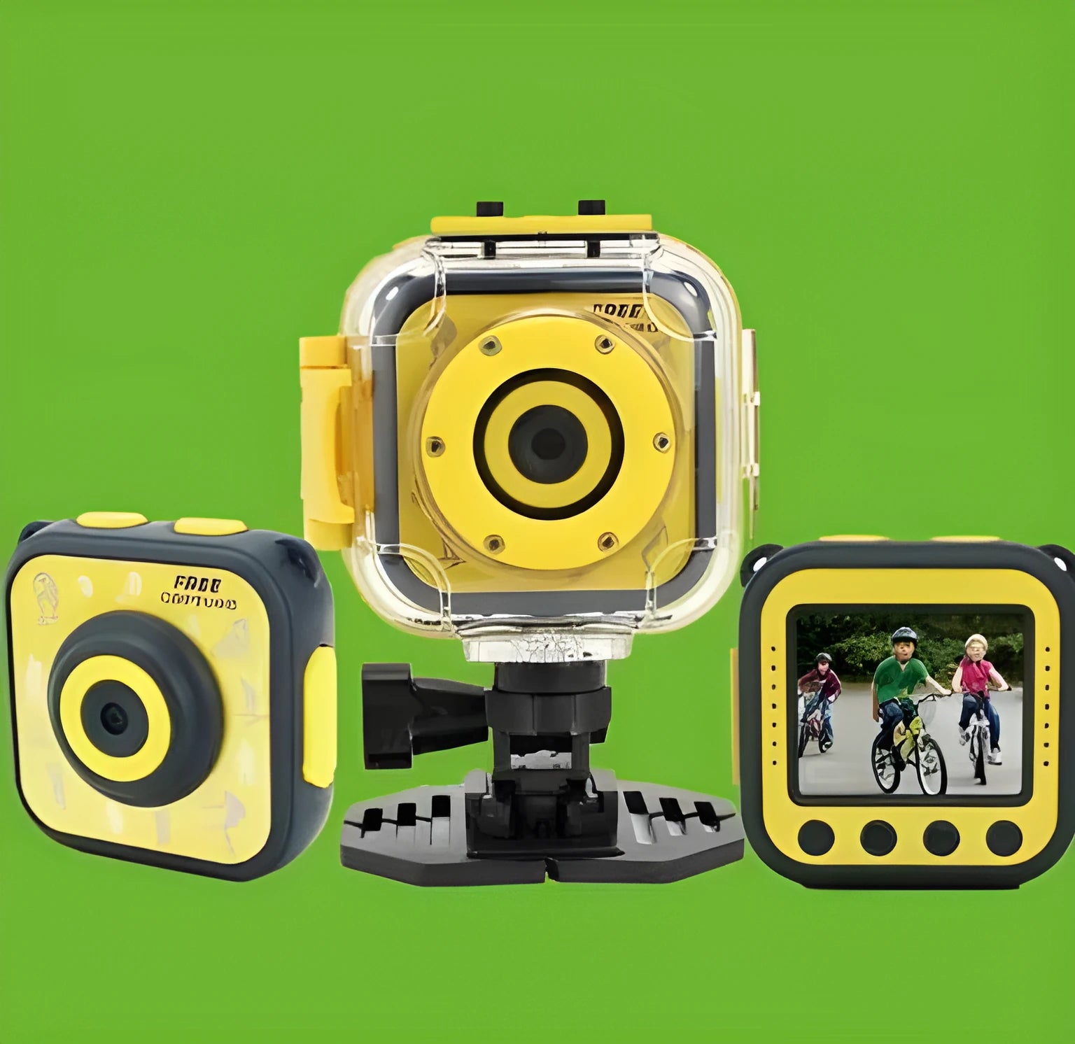Yellow children's waterproof sports camera with LCD screen showing HD video recording.