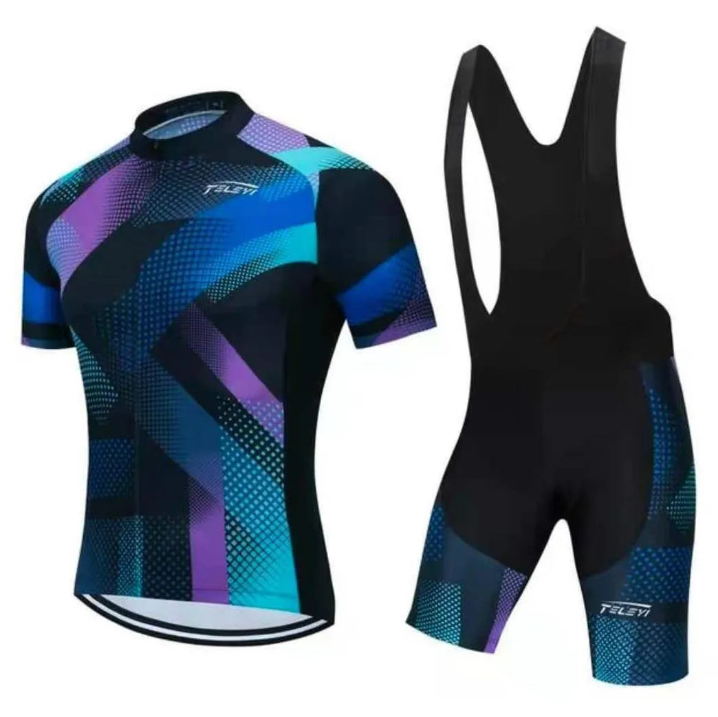 Cycling jersey and padded shorts set for summer mountain and road biking with moisture-wicking fabric