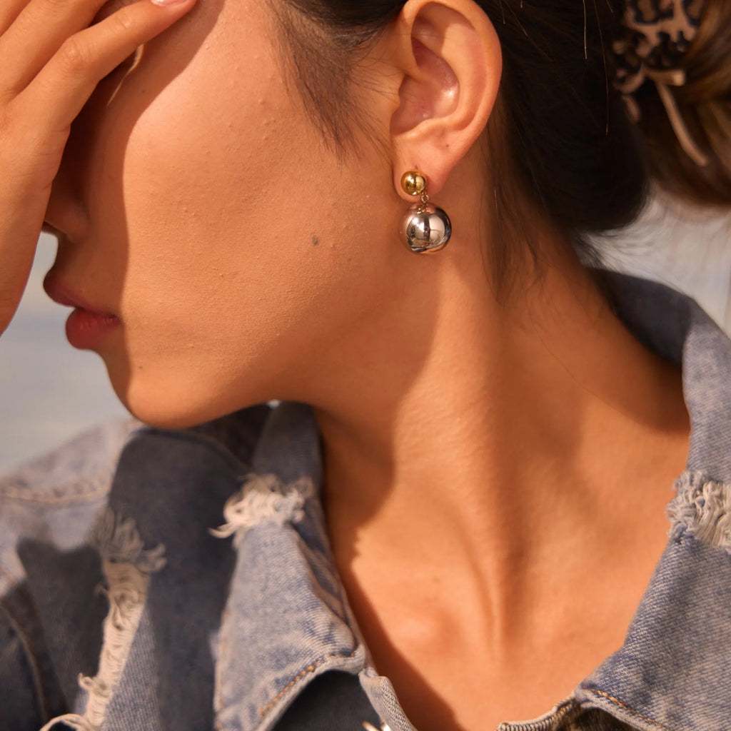 Round beads stainless steel 18K gold electroplated colour-block ear studs geometric sphere shape