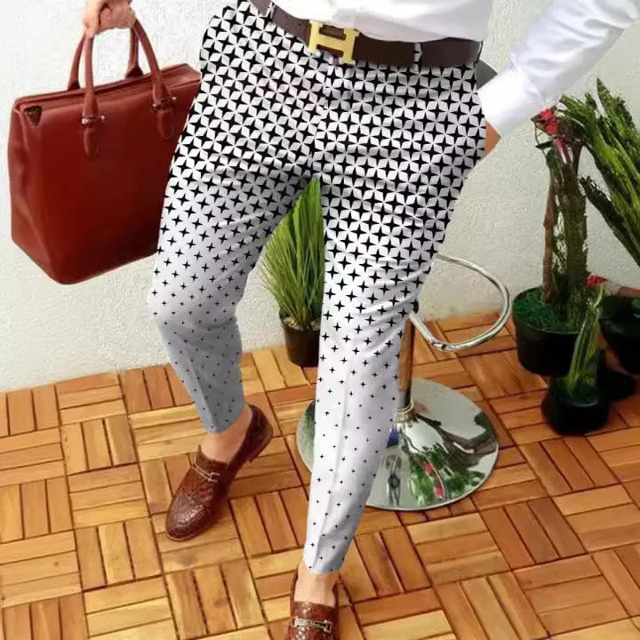 Men's slim-fit plaid casual trousers with 3D digital printed pattern in straight-leg style