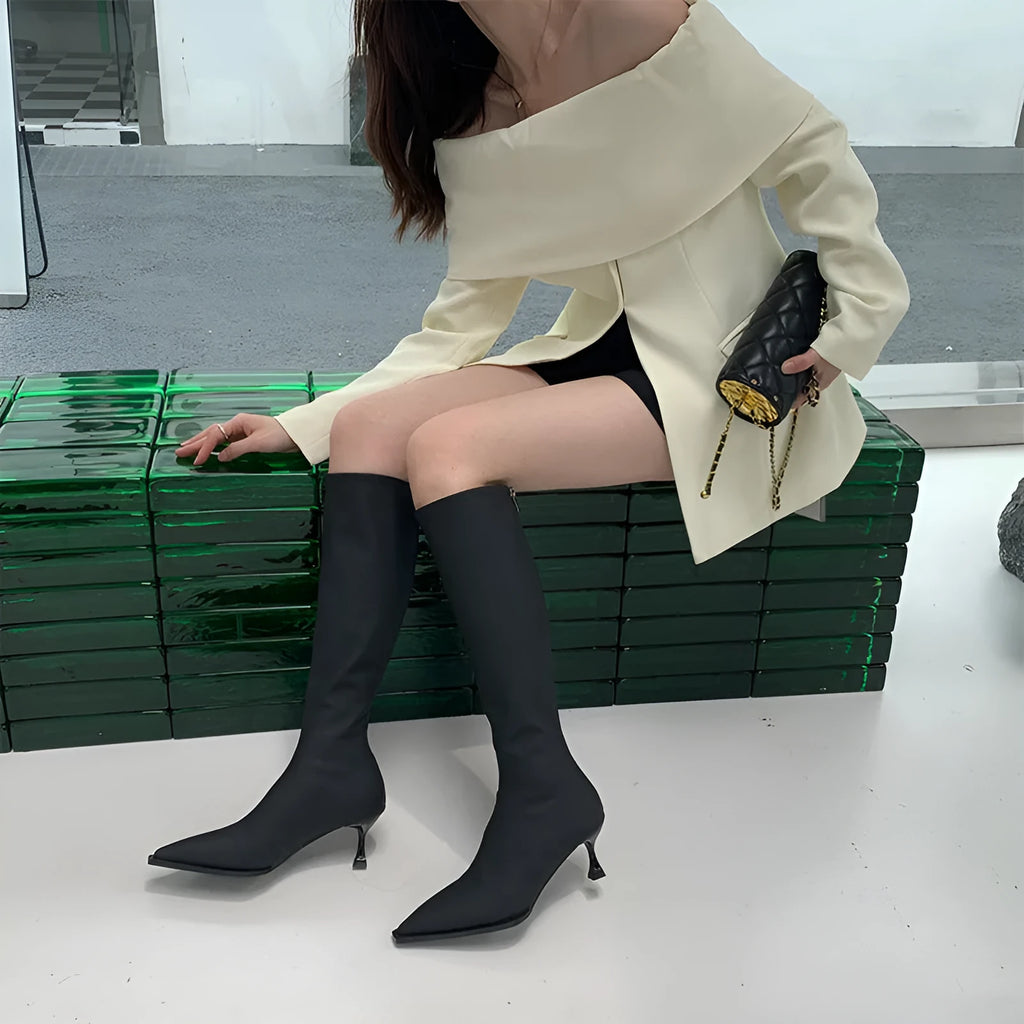 Black pointed toe below knee boots with stiletto heel and back zipper on woman's leg